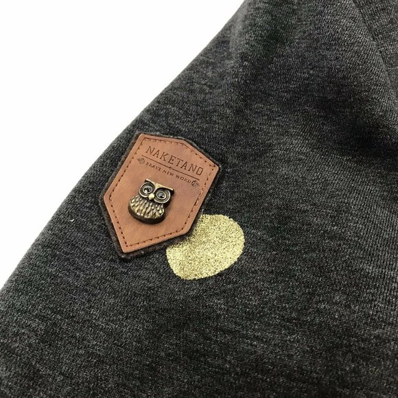 Naketano Women's Hoodie Pullover Brave New Word Gray Gold Sequined Polkadots M - Picture 8 of 11